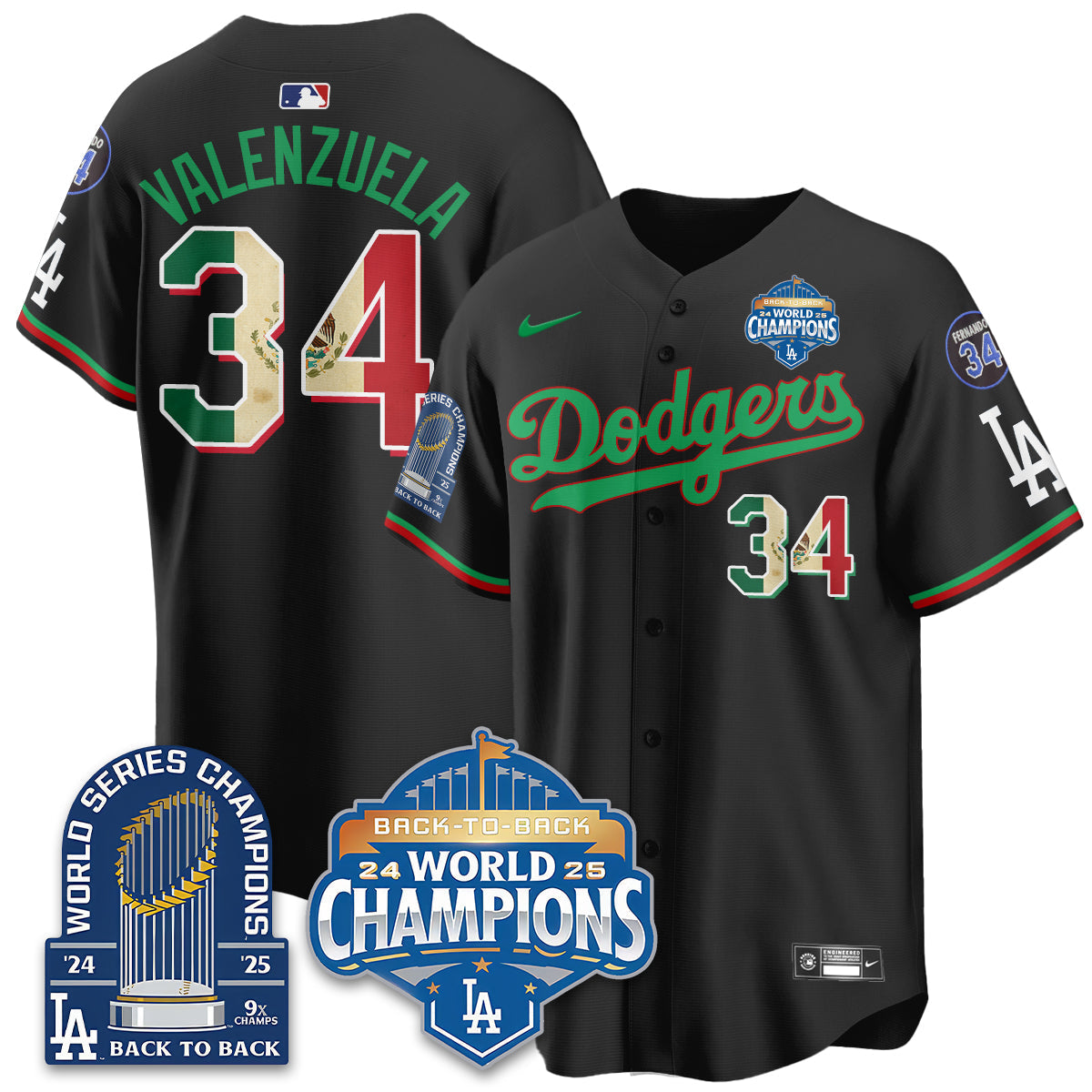 LAD Black Flag Mexico World Series Champions Jersey - 9x Champs - All Stitched