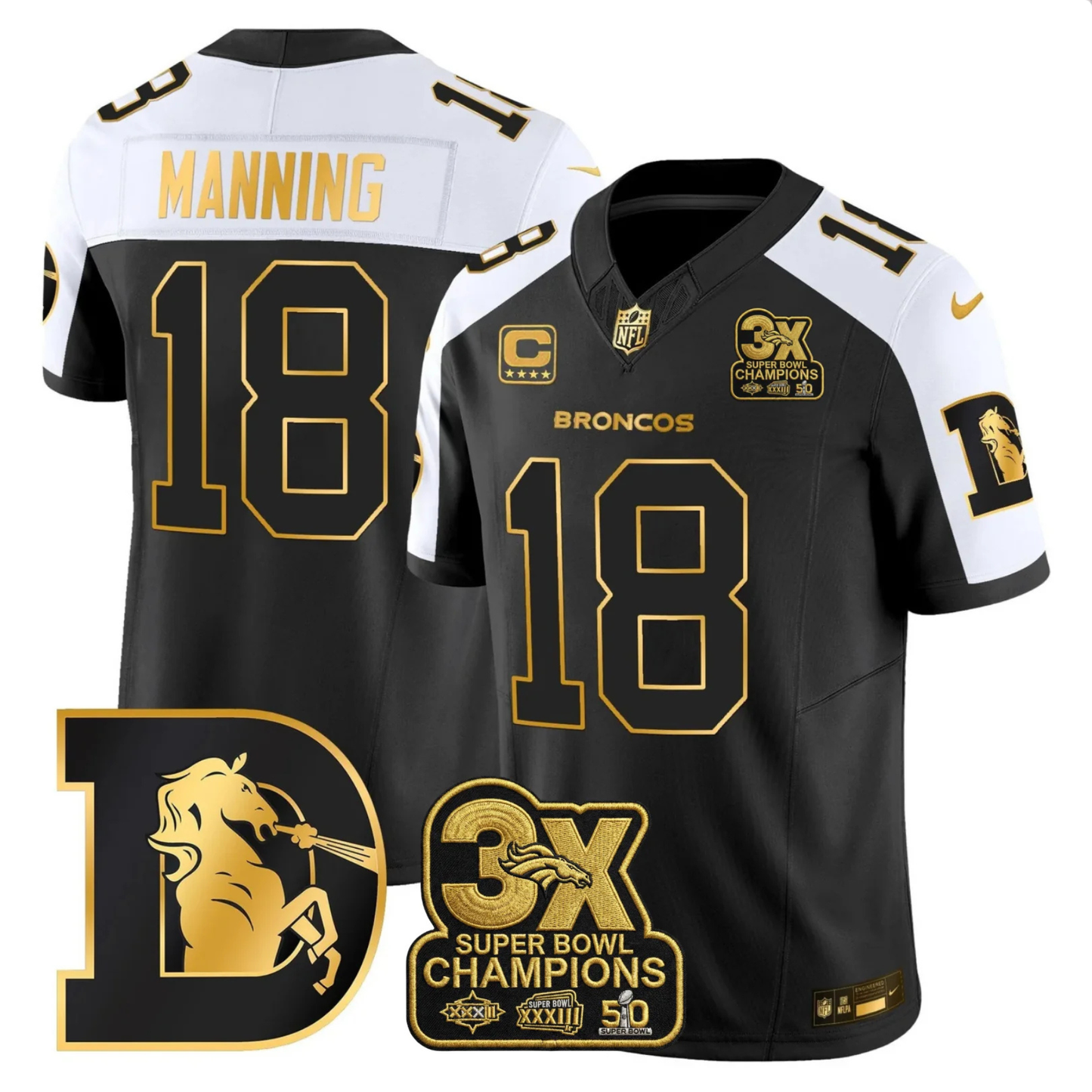 DEN 3x Champions Patch Throwback Gold Vapor Limited Jersey - Stitched