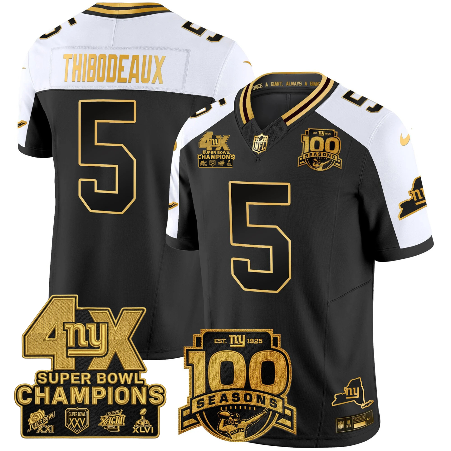 New York Giants 4X Champions & 100th Season Patch Vapor Limited Jersey - All Stitched