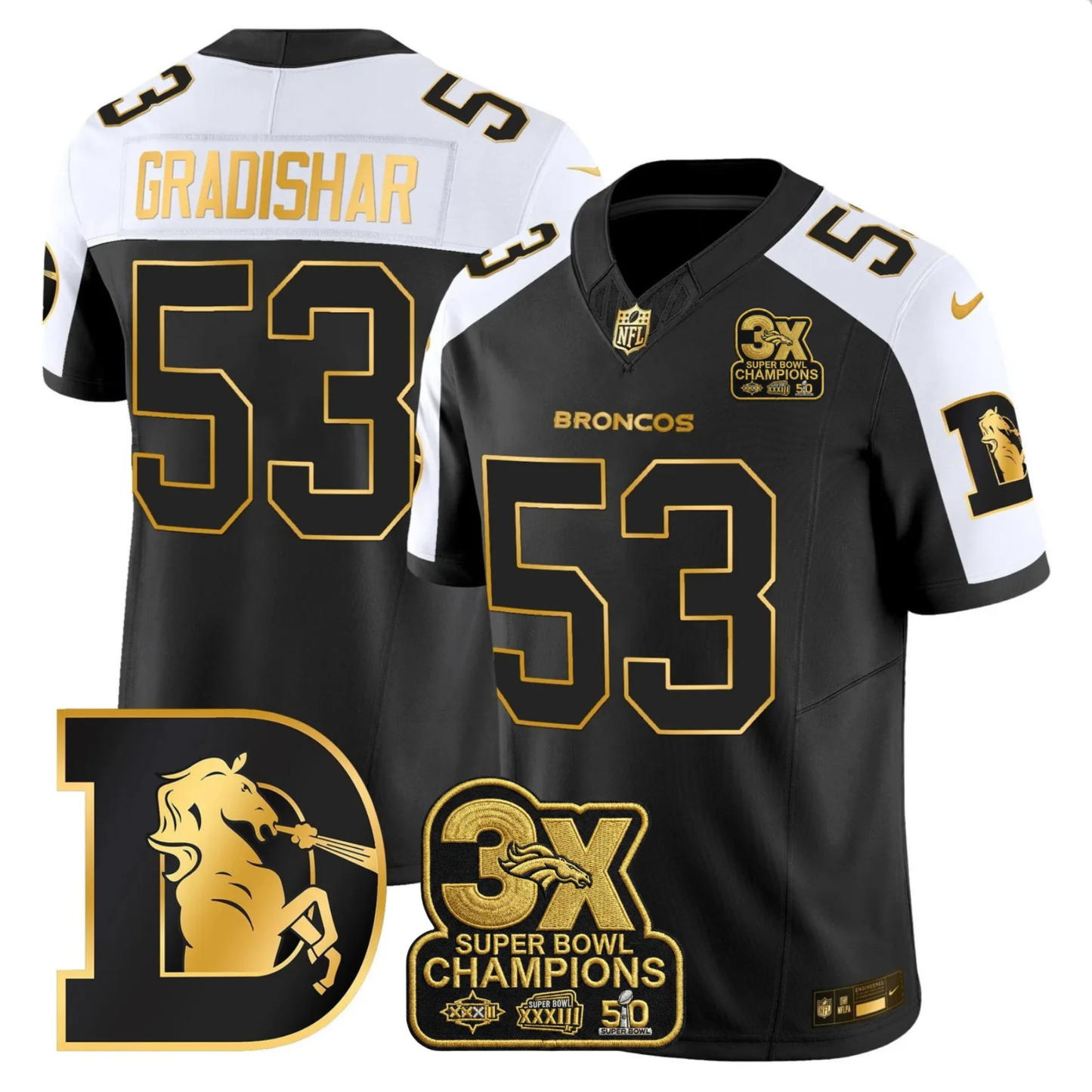DEN 3x Champions Patch Throwback Gold Vapor Limited Jersey - Stitched