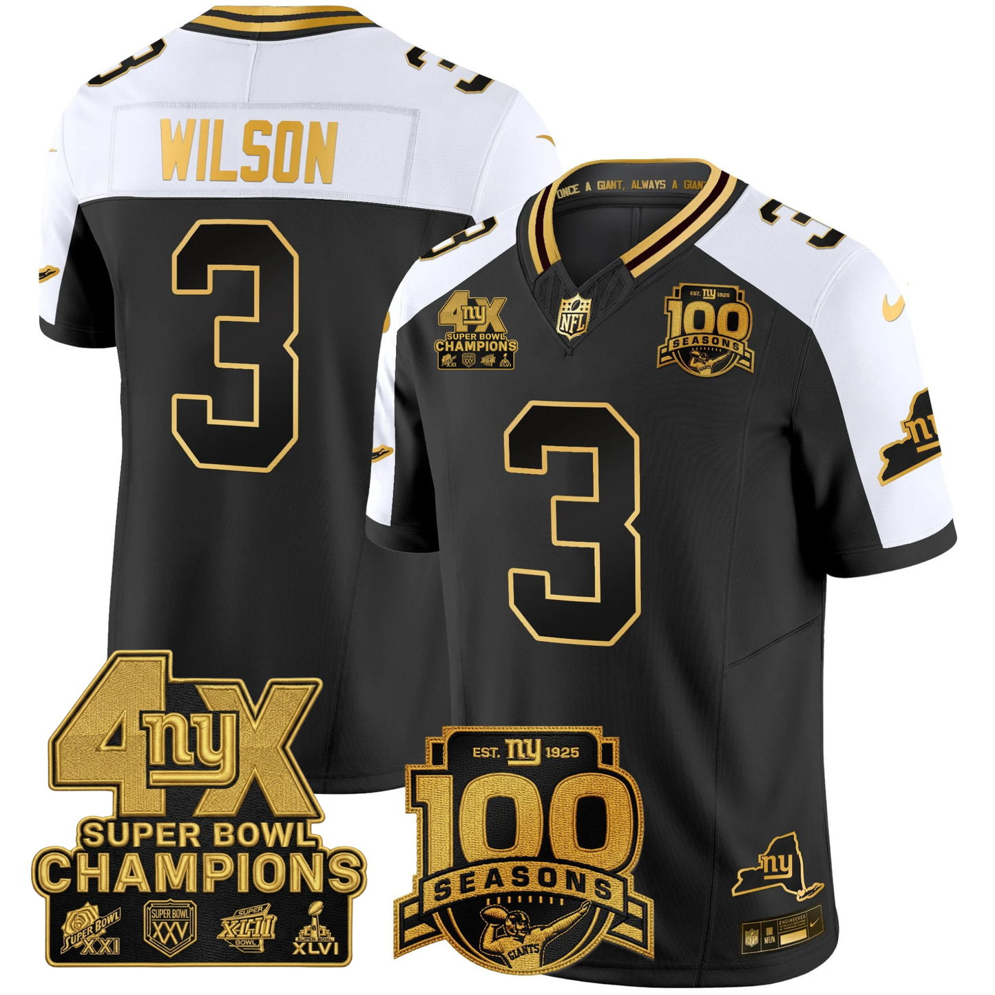 New York Giants 4X Champions & 100th Season Patch Vapor Limited Jersey - All Stitched
