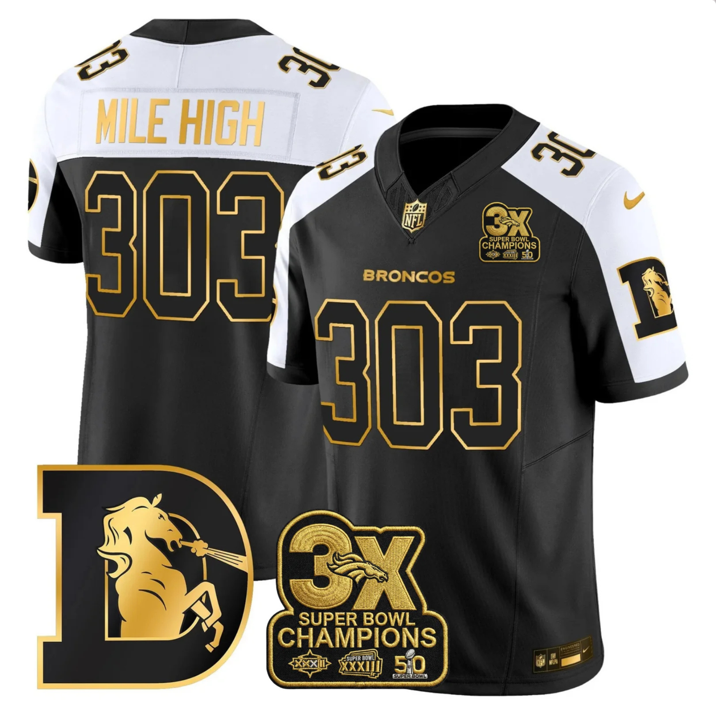 DEN 3x Champions Patch Throwback Gold Vapor Limited Jersey - Stitched