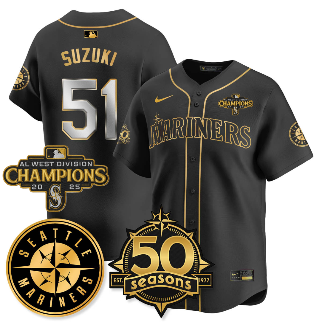 SEA Vapor Premier Limited Jersey - 50th Anniversary & AL West Division Champions - All Stitched Black Gold / Ichiro