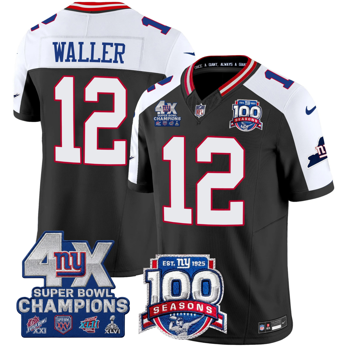 New York Giants 4X Champions & 100th Season Patch Vapor Limited Jersey - All Stitched