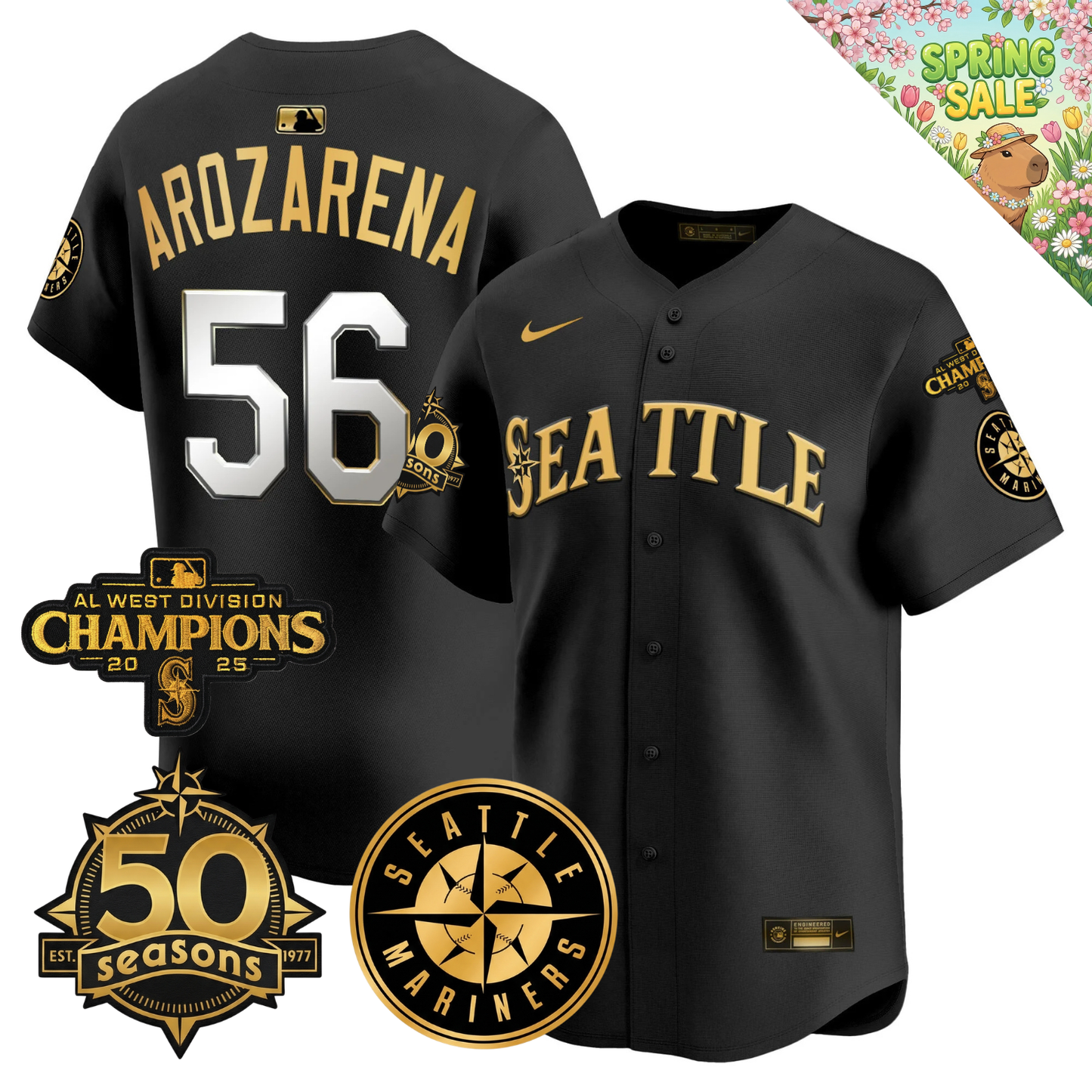 SEA Vapor Limited Gold Jersey - 50th Anniversary & 2025 AL West Champs Patch - All Stitched