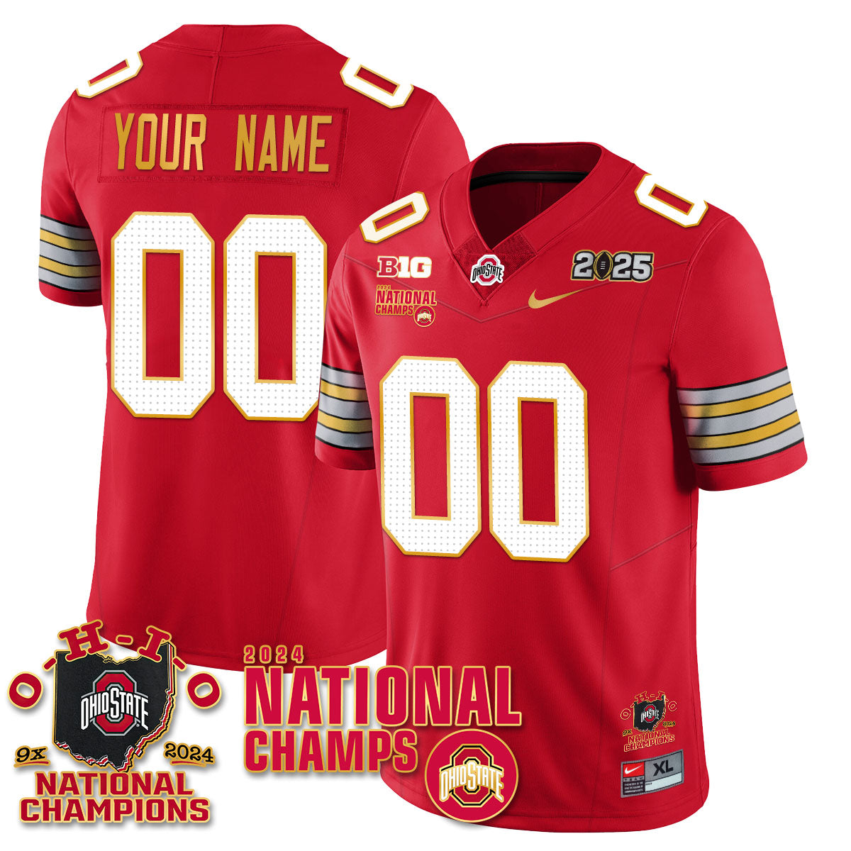 Custom Gender/Name OSU 'Heritage Stripe' 2025 CFP Patch - National Champions Gold Custom Jersey N6 - All Stitched