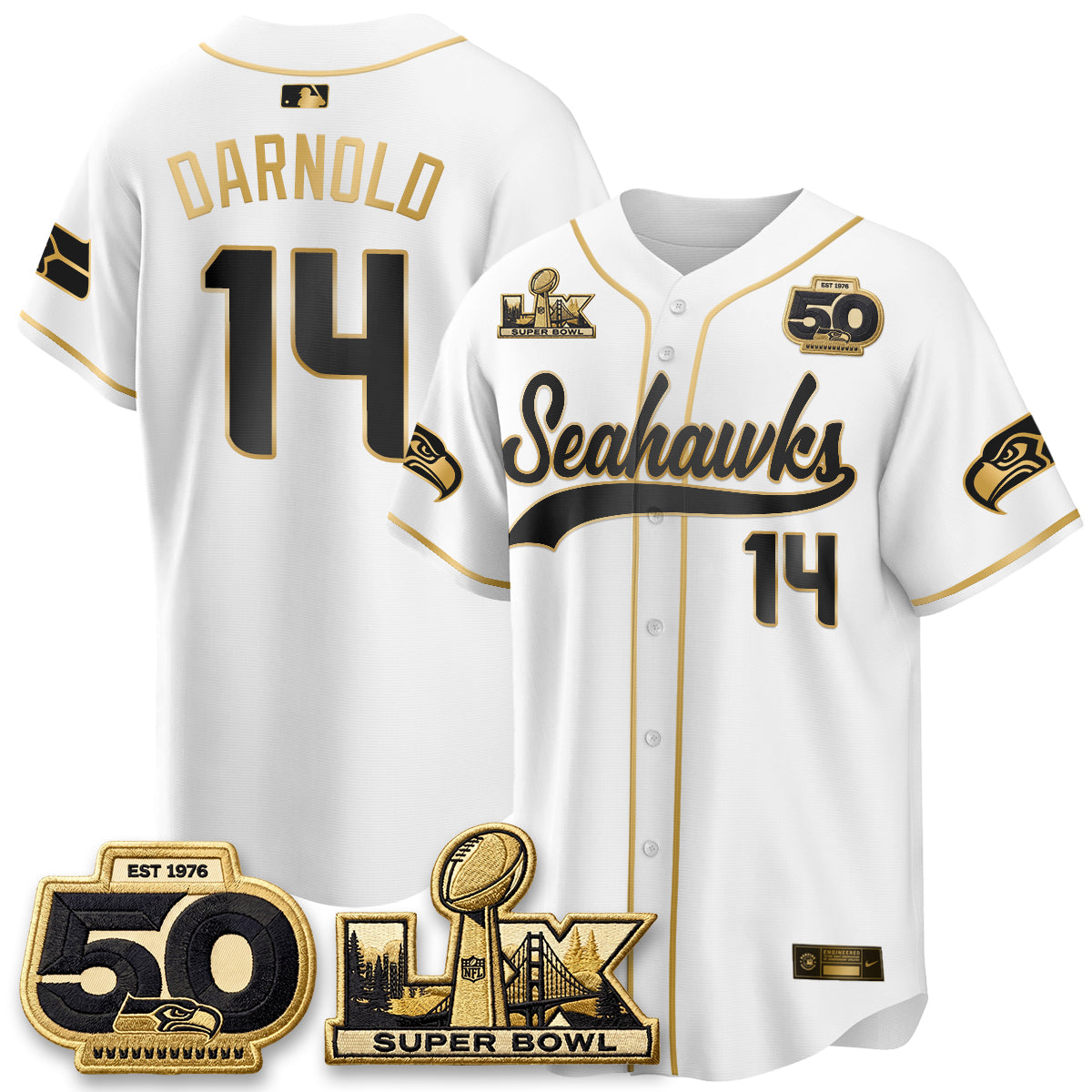 Seattle Seahawks SB LX Champs Gold Edition Baseball Jersey - Stitch