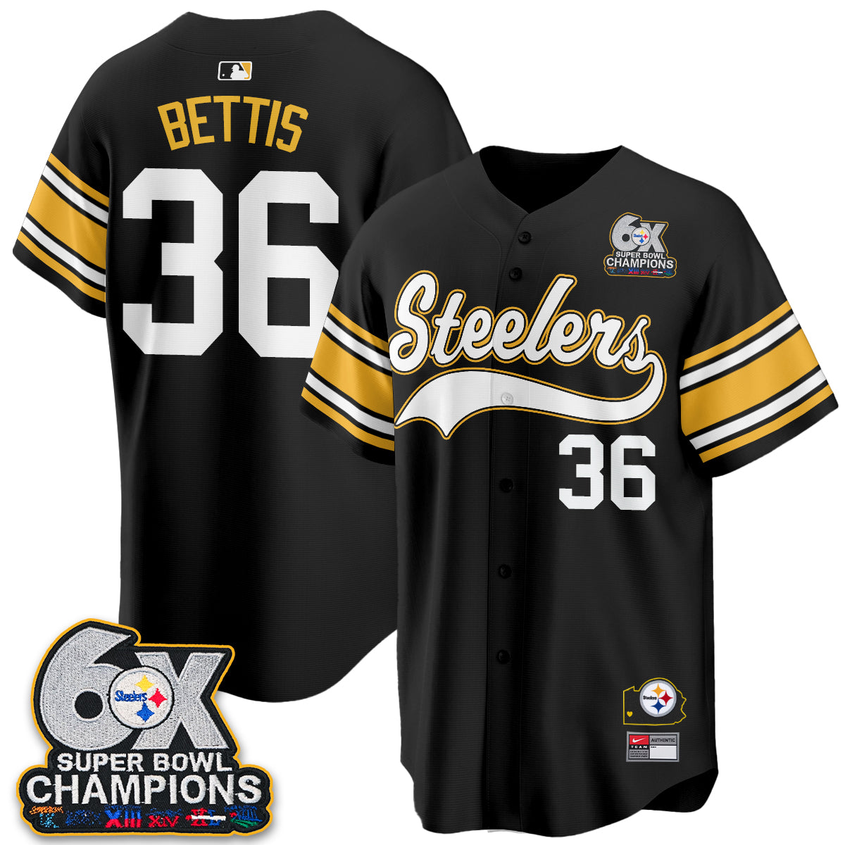 Pittsburgh Steelers 6X Champs Throwback Baseball Vapor Jersey - Stitched