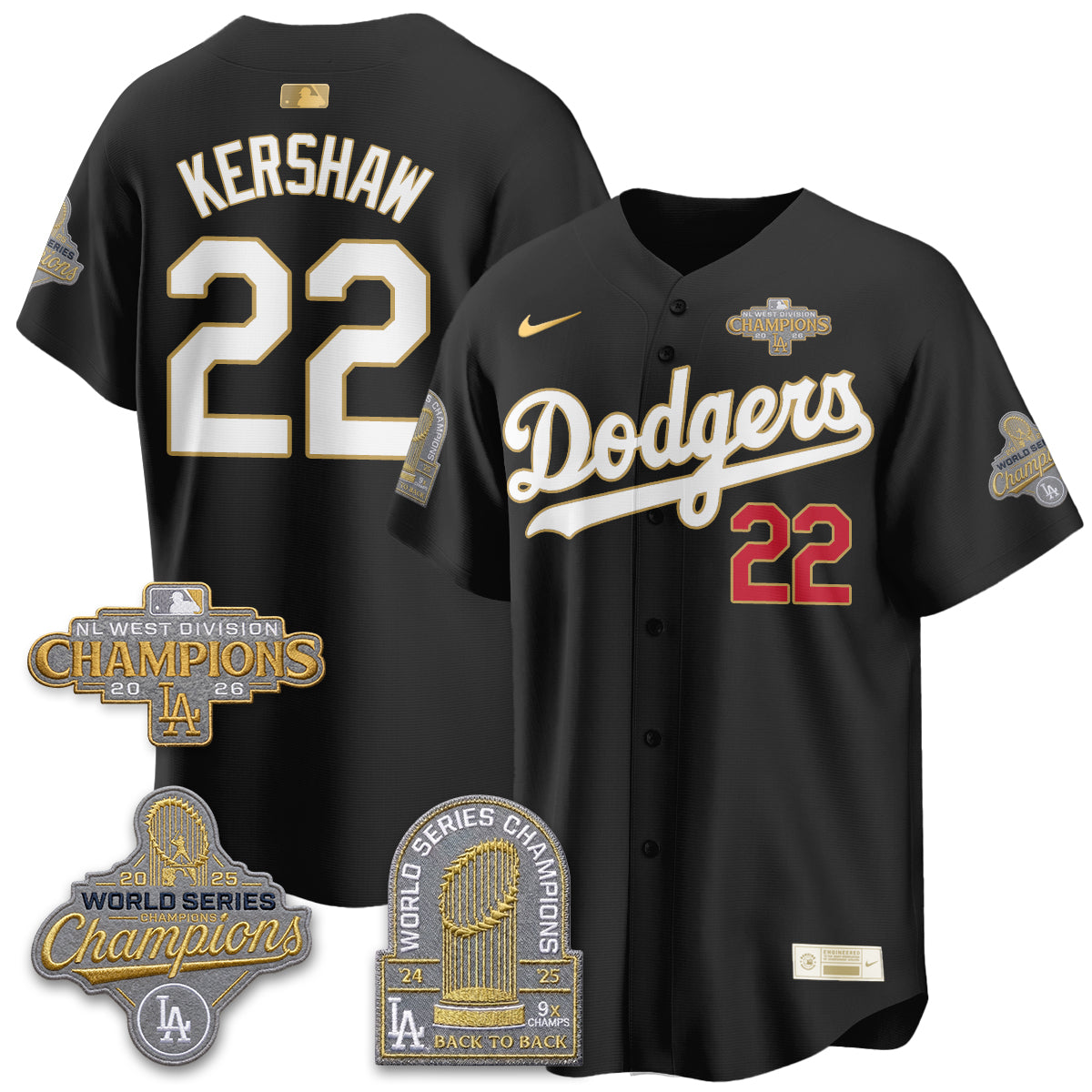 Los Angeles Dodgers 2026 NL West Champs Black Gold Vapor Jersey- Stitched