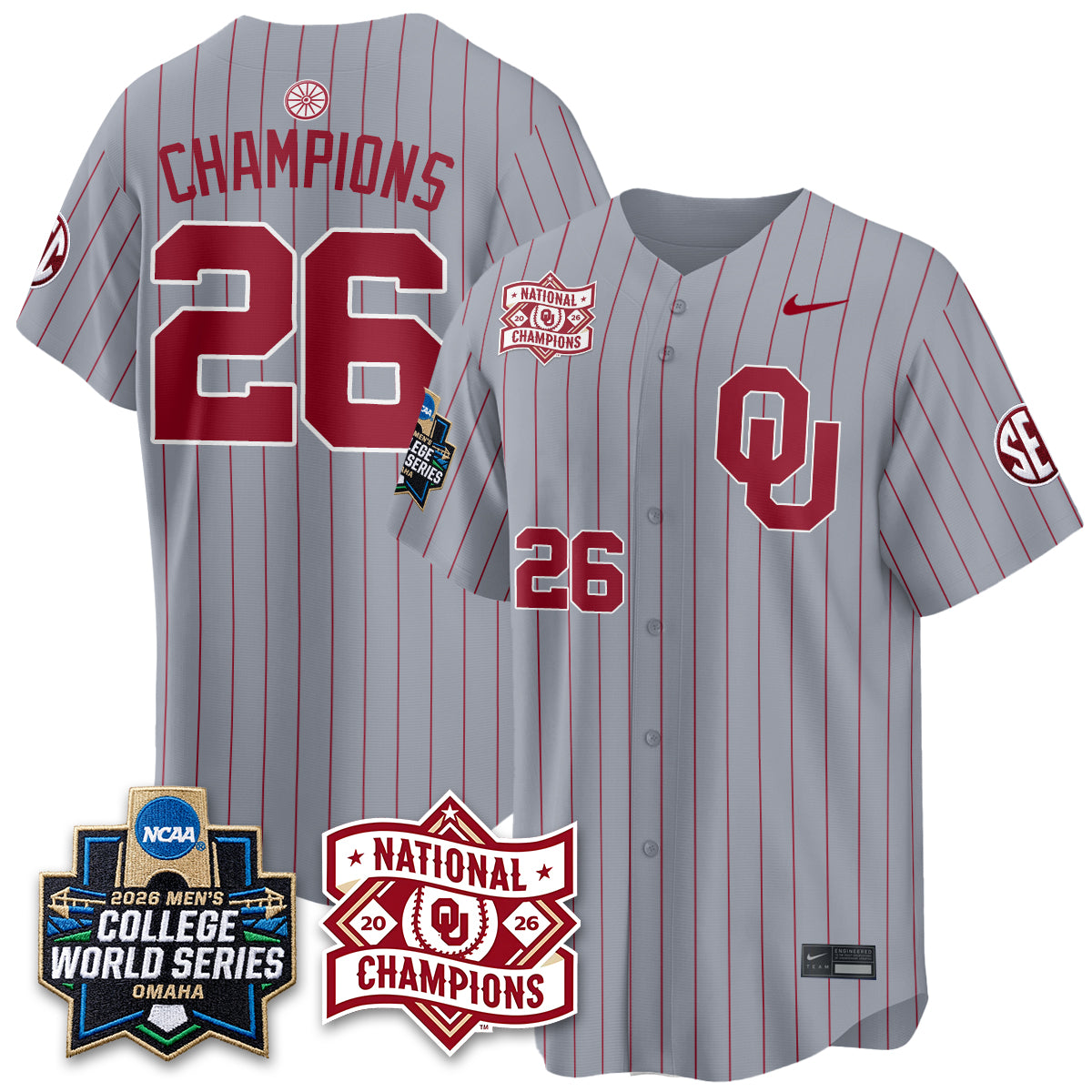Oklahoma Sooners 2026 NCAA Baseball Men's College World Series Champions Vapor Jersey - Stitched