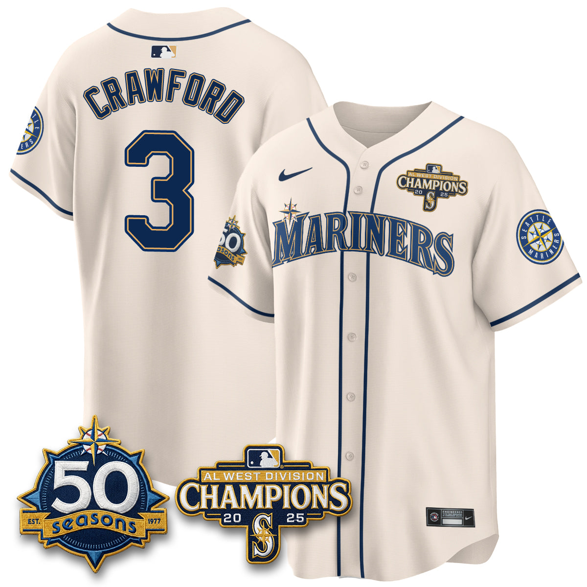 SEA Limited Throwback Cream Jersey - 50th Anniversary & AL West Division Champions - All Stitched