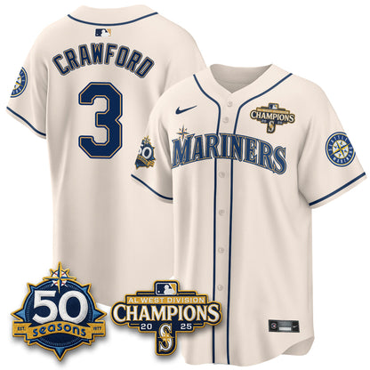SEA Limited Throwback Cream Jersey - 50th Anniversary & AL West Division Champions - All Stitched