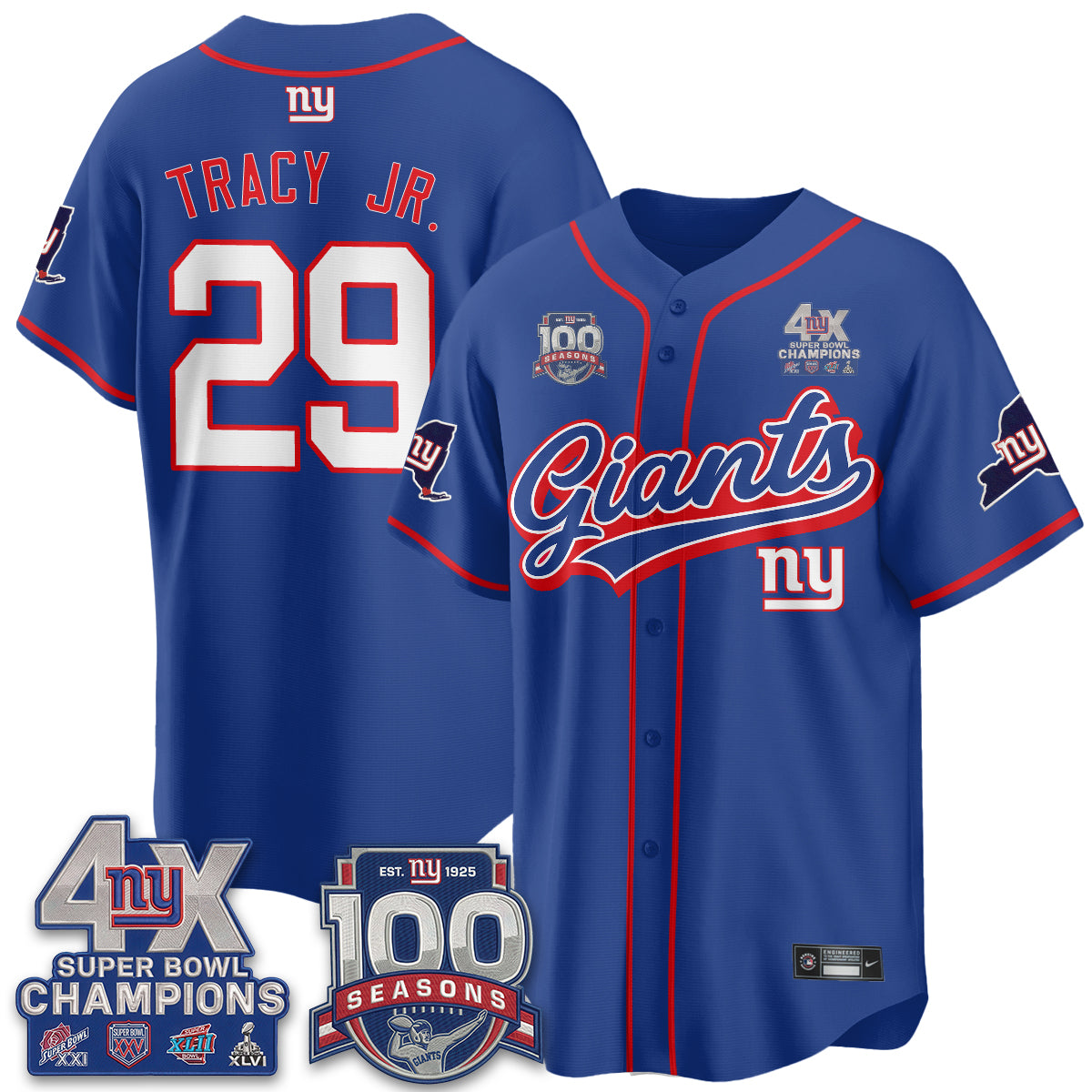 NYG 4X Champs & 100 Anniversary Vapor Baseball Jersey V2- Stitched