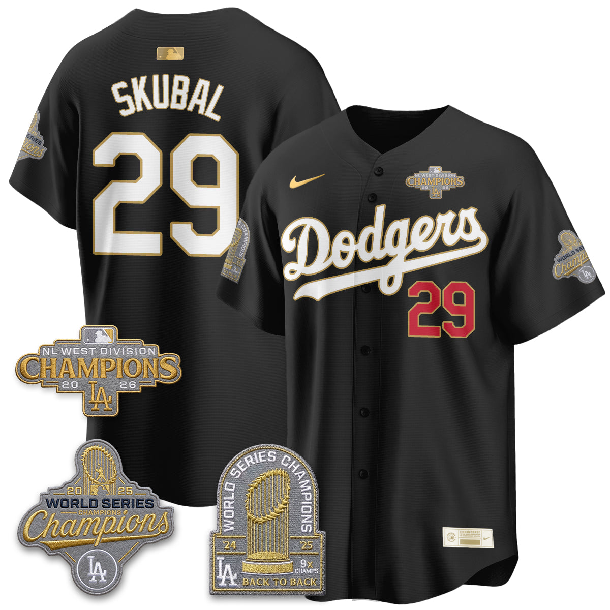 Los Angeles Dodgers 2026 NL West Champs Black Gold Vapor Jersey- Stitched