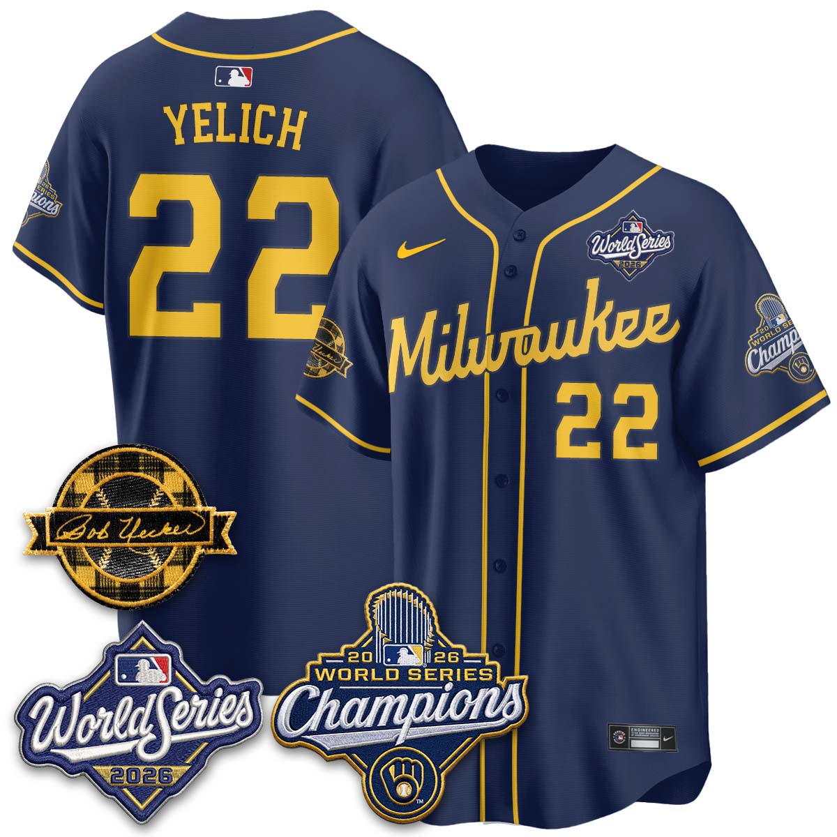 MIL 2026 WS Champions - Bob Uecker Patch Gold Jersey - Stitched (Tiktok)