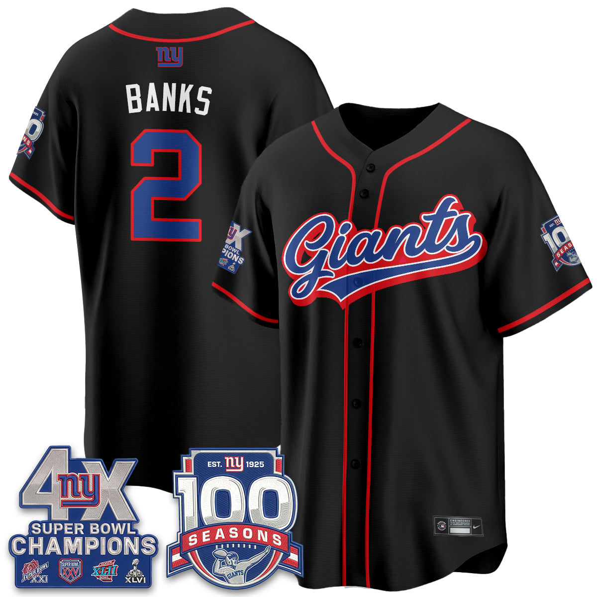 NYG 4X Champs & 100 Anniversary Vapor Baseball Jersey - Stitched