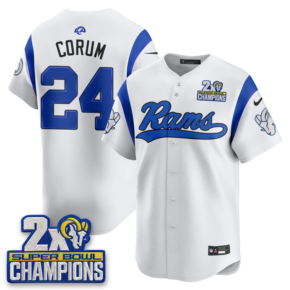 LAR 2X Champs Fearsome White Baseball Vapor Jersey - Stitched