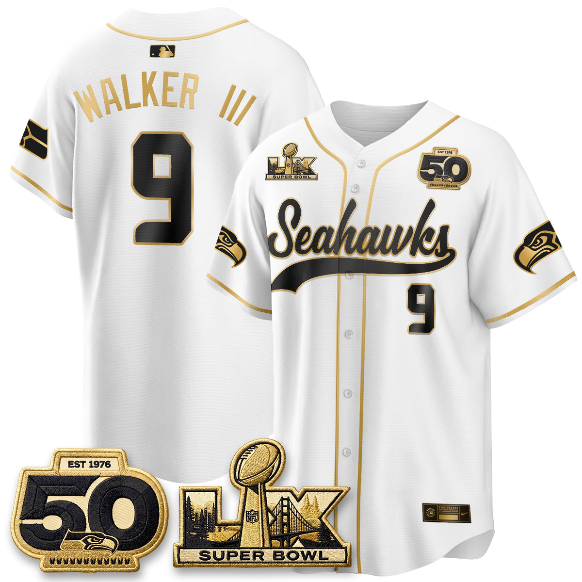 Seattle Seahawks SB LX Champs Gold Edition Baseball Jersey - Stitch