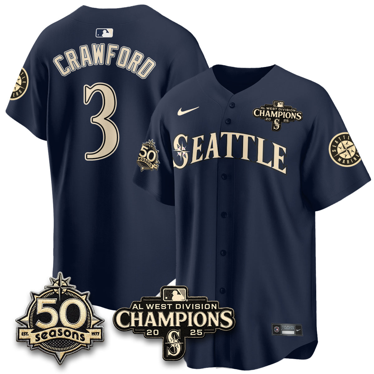 SEA Limited Throwback Cream Jersey - 50th Anniversary & AL West Division Champions - All Stitched