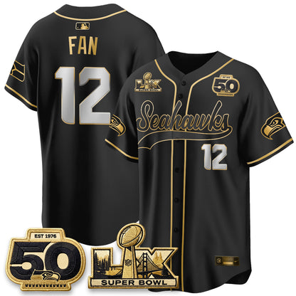 Seattle Seahawks SB LX Champs Gold Edition Baseball Jersey - Stitch
