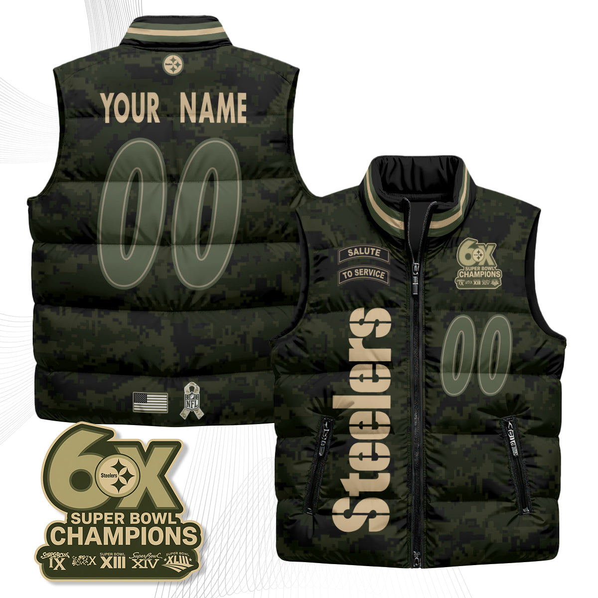 Pittsburgh Steelers 2026 Salute to Service Custom Puffer Vest - Printed
