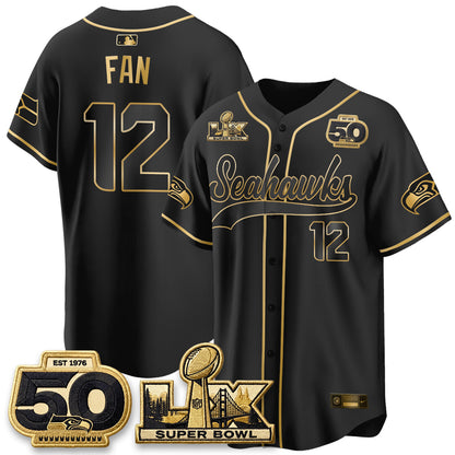 Seattle Seahawks SB LX Champs Gold Edition Baseball Jersey - Stitch