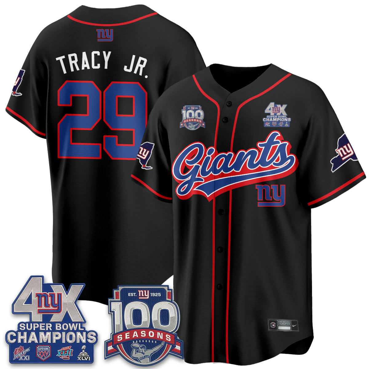 NYG 4X Champs & 100 Anniversary Vapor Baseball Jersey V2- Stitched