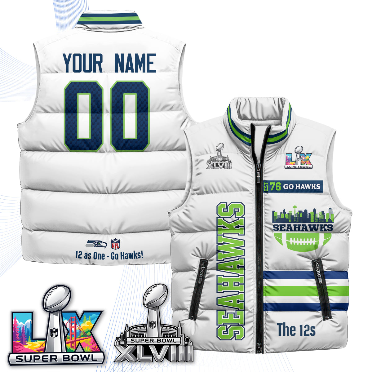 SEA "Go Hawks" Edition Custom Puffer Vest - Printed
