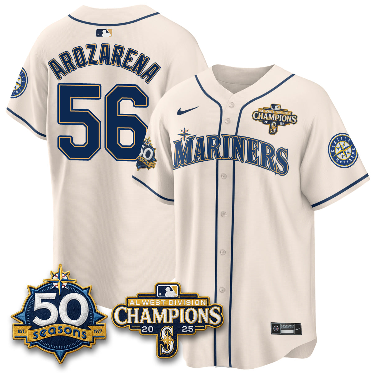 SEA Limited Throwback Cream Jersey - 50th Anniversary & AL West Division Champions - All Stitched