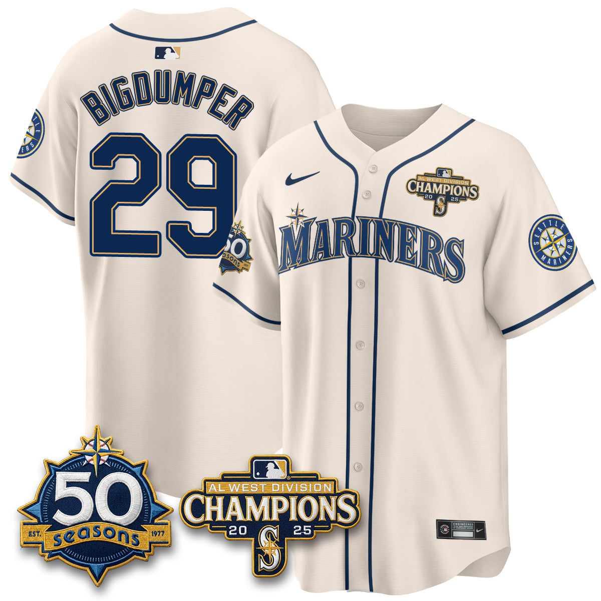 SEA Limited Throwback Cream Jersey - 50th Anniversary & AL West Division Champions - All Stitched