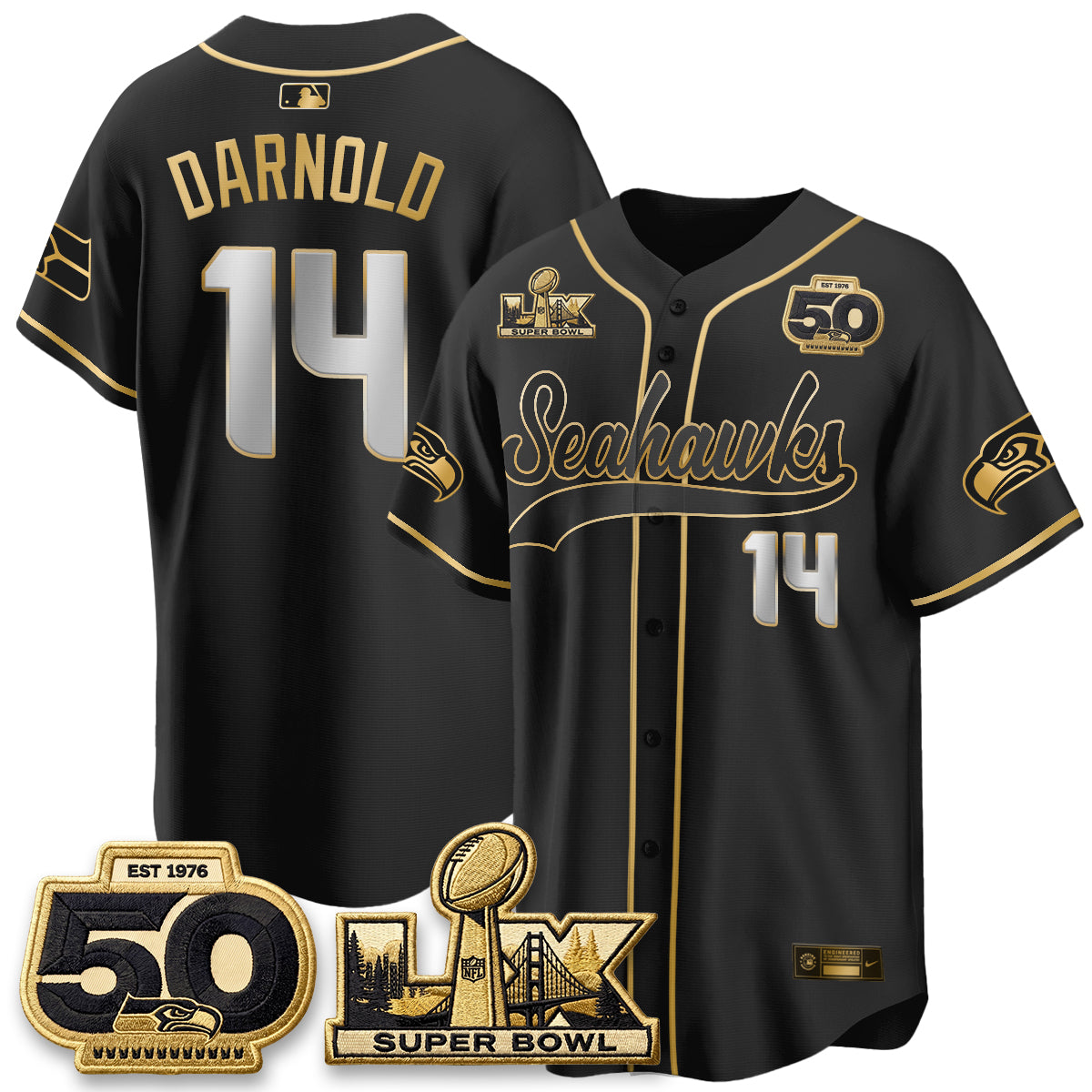 Seattle Seahawks SB LX Champs Gold Edition Baseball Jersey - Stitch