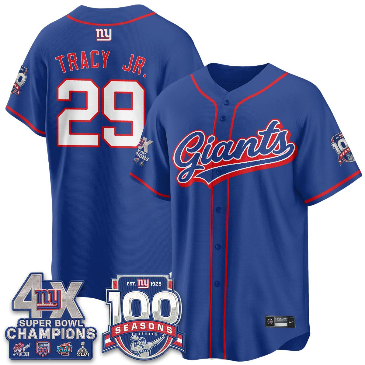 NYG 4X Champs & 100 Anniversary Vapor Baseball Jersey - Stitched
