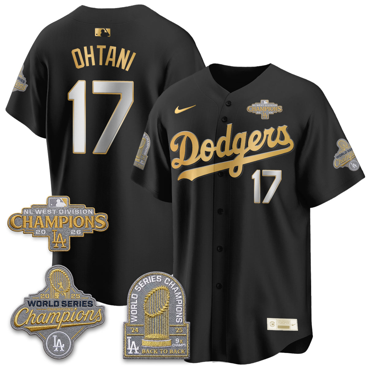Los Angeles Dodgers 2026 NL West Champs Black Gold Vapor Jersey- Stitched