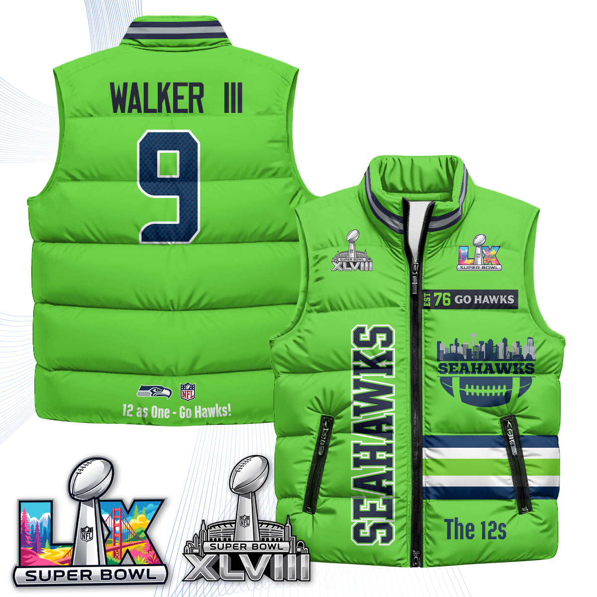 SEA "Go Hawks" Edition Puffer Vest - Printed