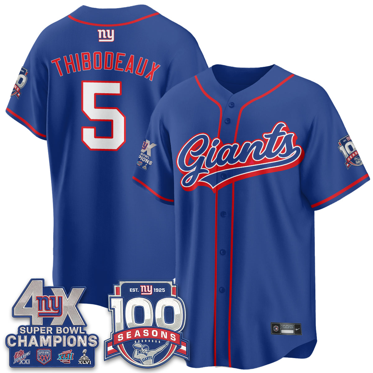 NYG 4X Champs & 100 Anniversary Vapor Baseball Jersey - Stitched