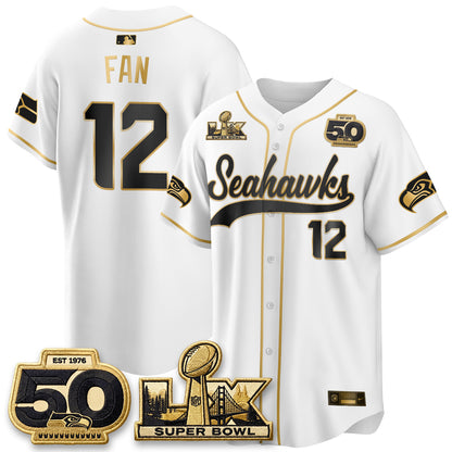 Seattle Seahawks SB LX Champs Gold Edition Baseball Jersey - Stitch