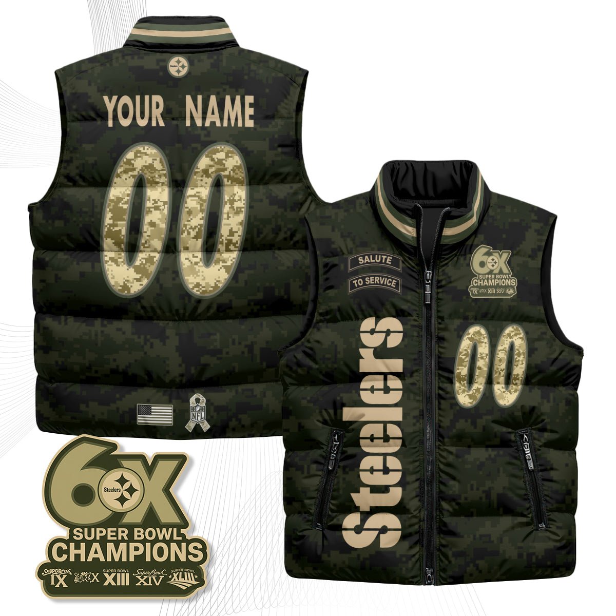 Pittsburgh Steelers 2026 Salute to Service Custom Puffer Vest - Printed