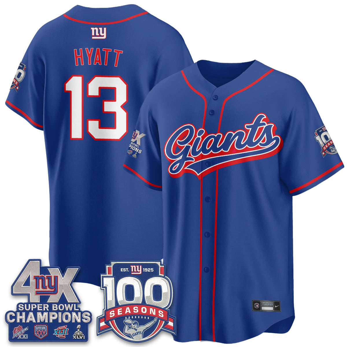 NYG 4X Champs & 100 Anniversary Vapor Baseball Jersey - Stitched