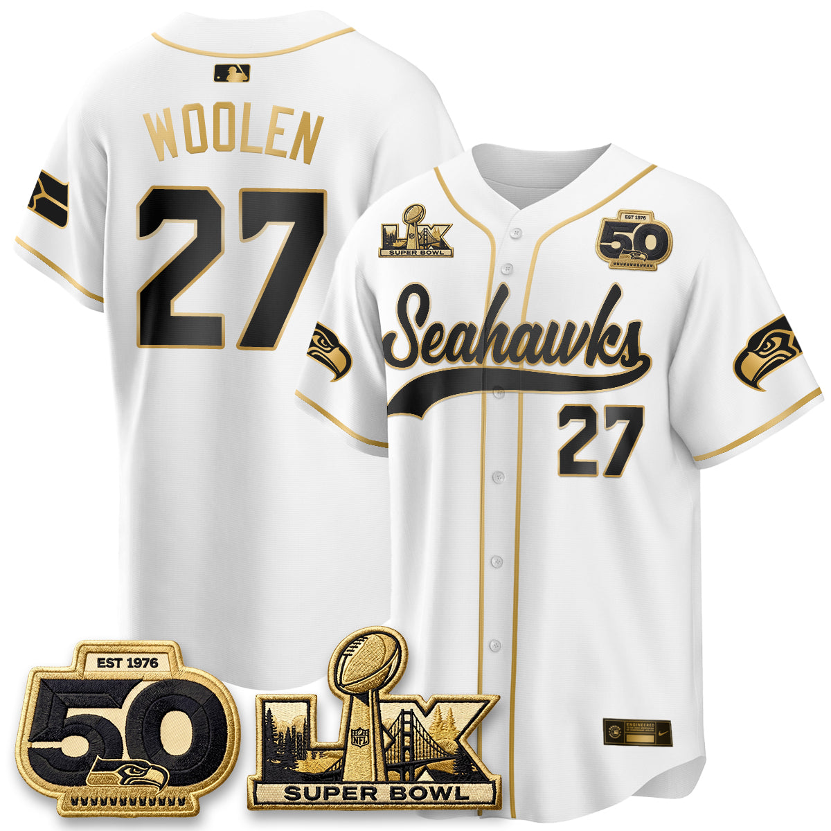 Seattle Seahawks SB LX Champs Gold Edition Baseball Jersey - Stitch