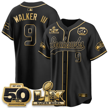 Seattle Seahawks SB LX Champs Gold Edition Baseball Jersey - Stitch