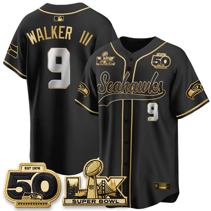 Seattle Seahawks SB LX Champs Gold Edition Baseball Jersey - Stitch