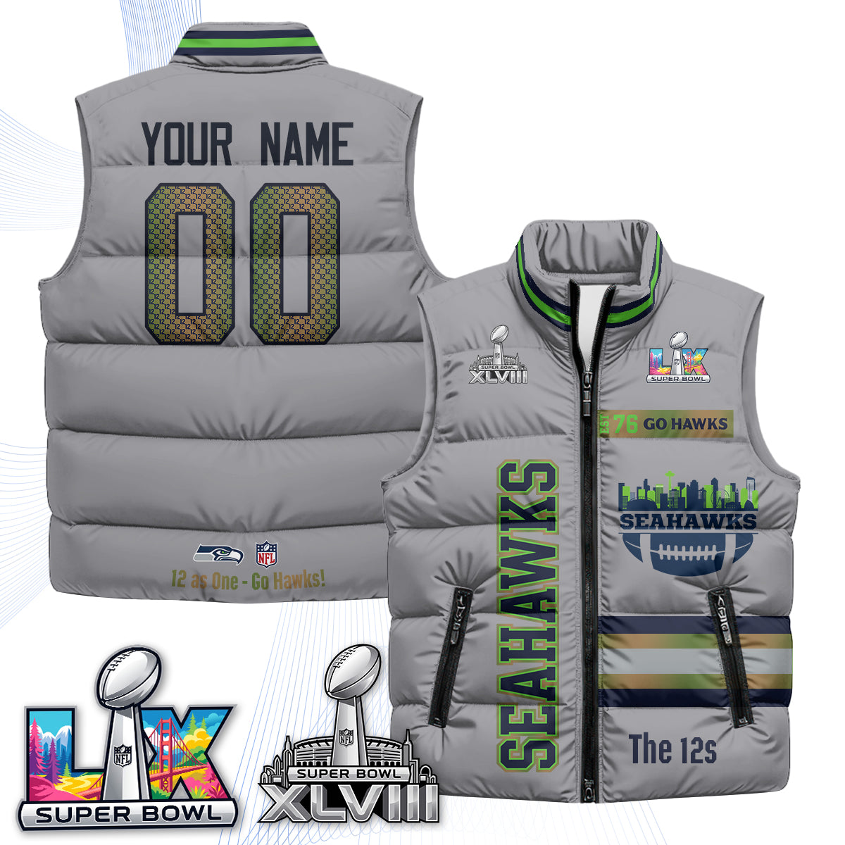 SEA "Go Hawks" Edition Custom Puffer Vest - Printed