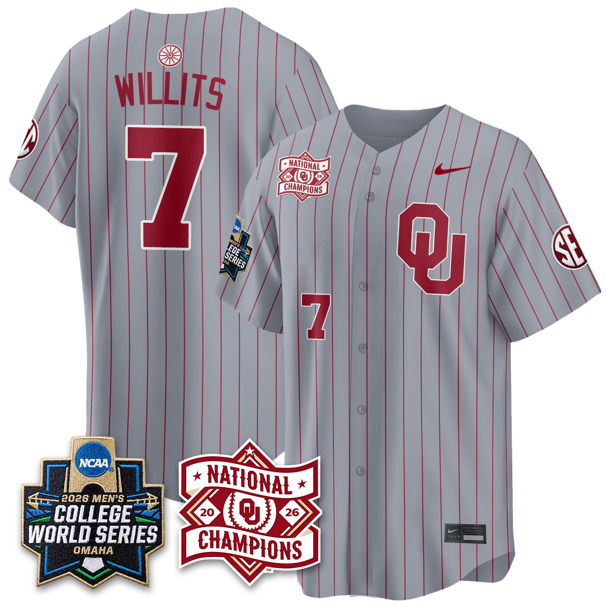 Oklahoma Sooners 2026 NCAA Baseball Men's College World Series Champions Vapor Jersey - Stitched