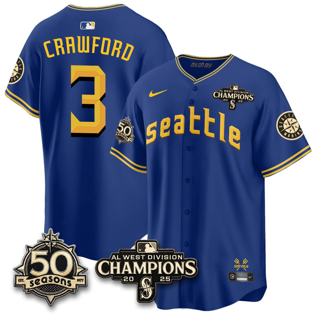 SEA Limited Throwback Cream Jersey - 50th Anniversary & AL West Division Champions - All Stitched