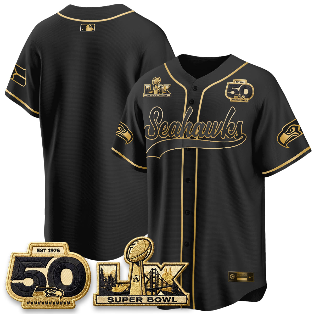 Seattle Seahawks SB LX Champs Gold Edition Baseball Jersey - Stitch