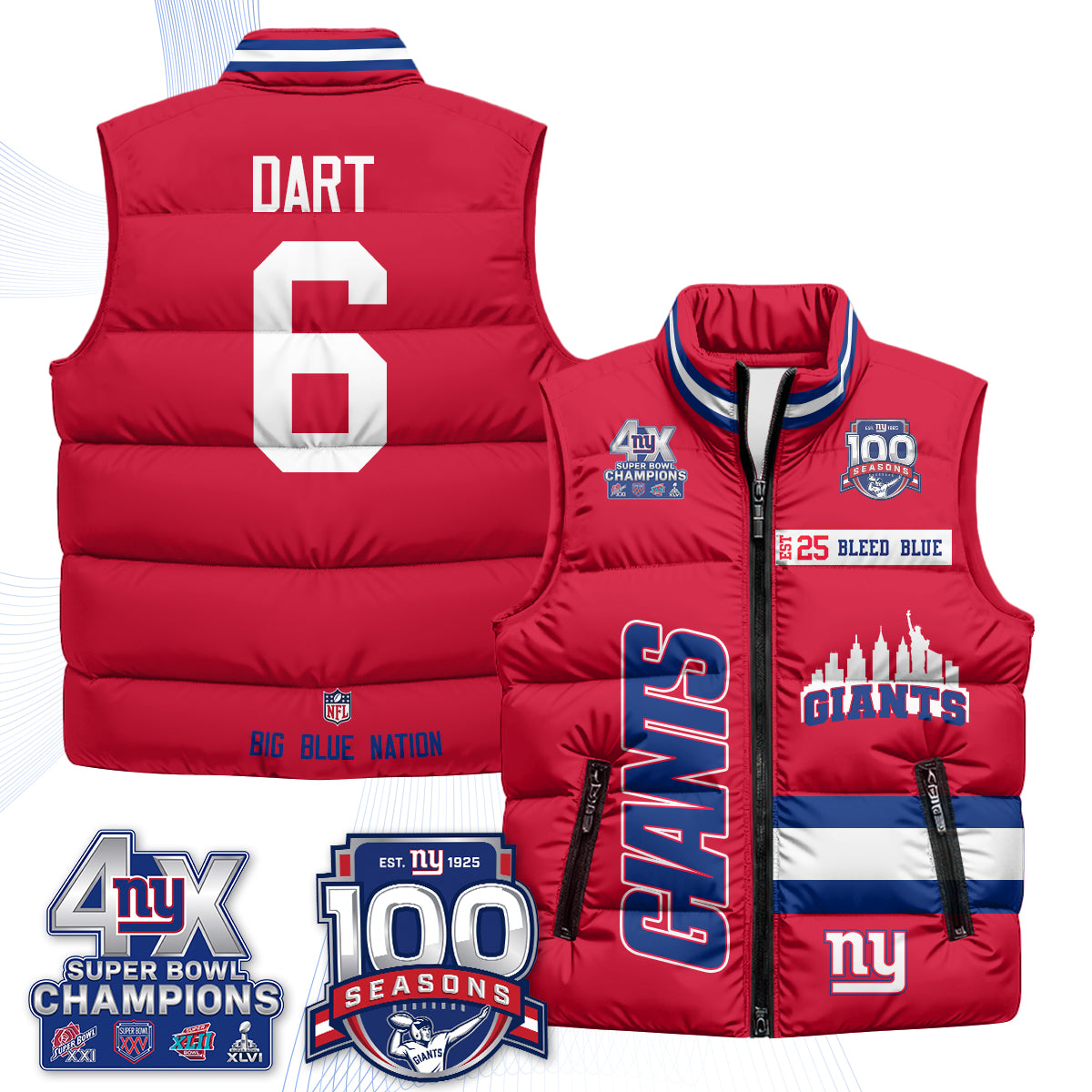 NYG 4X Champs S.Bowl Puffer Vest - Printed