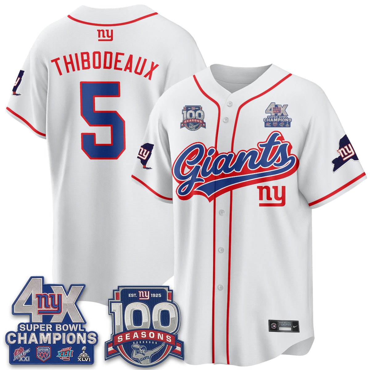 NYG 4X Champs & 100 Anniversary Vapor Baseball Jersey V2- Stitched