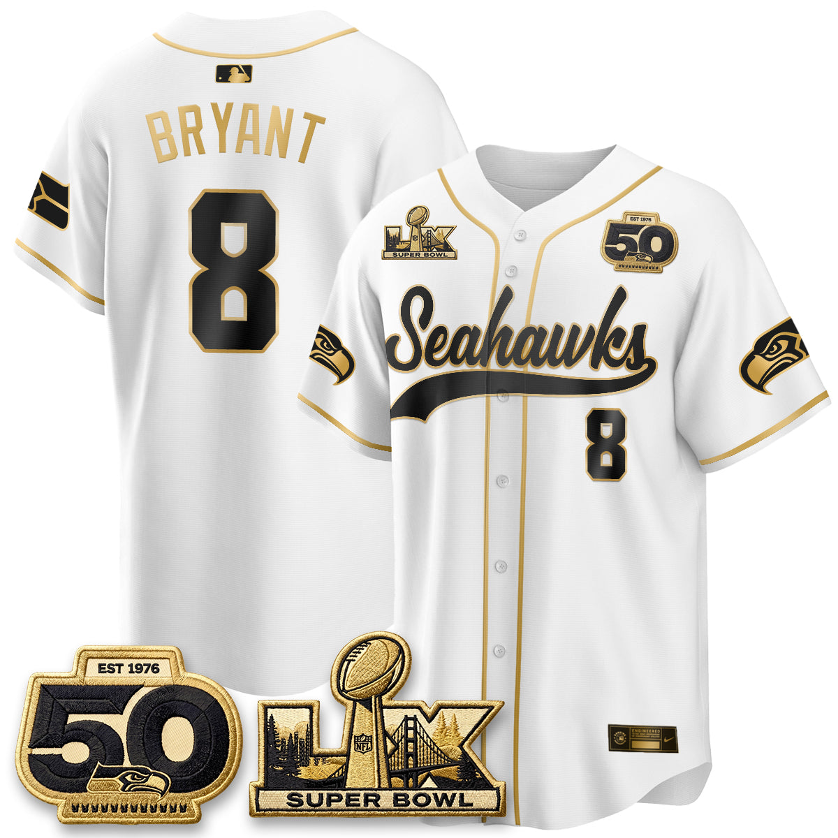 Seattle Seahawks SB LX Champs Gold Edition Baseball Jersey - Stitch