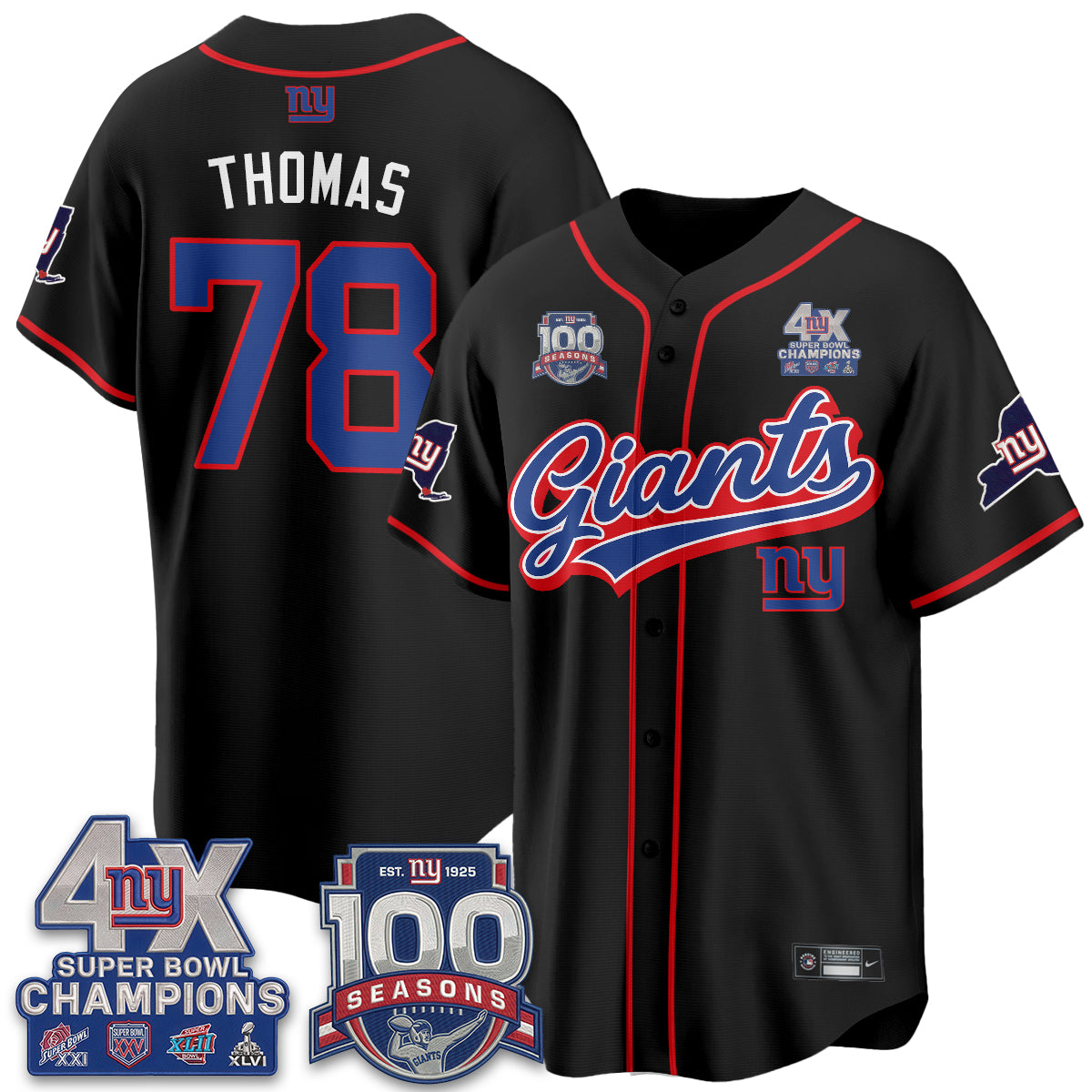 NYG 4X Champs & 100 Anniversary Vapor Baseball Jersey V2- Stitched