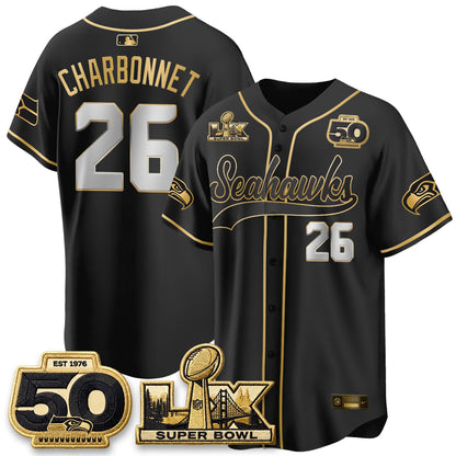 Seattle Seahawks SB LX Champs Gold Edition Baseball Jersey - Stitch